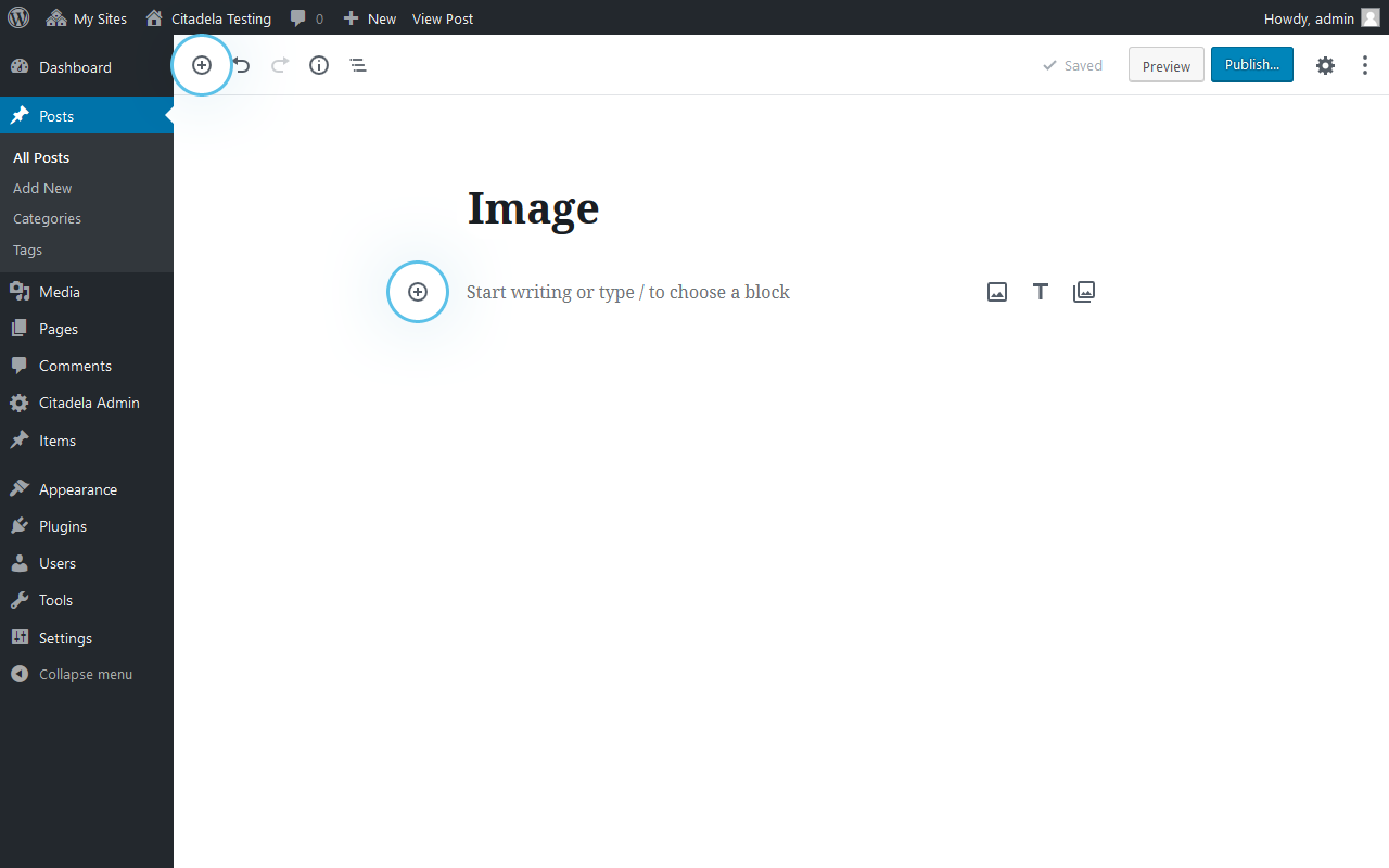 Add image block by clicking on “+”