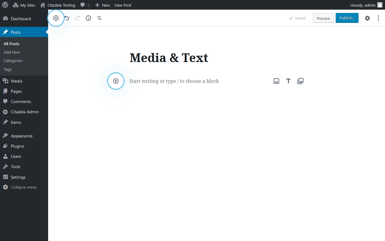 Add Media and Text block by clicking on “+”