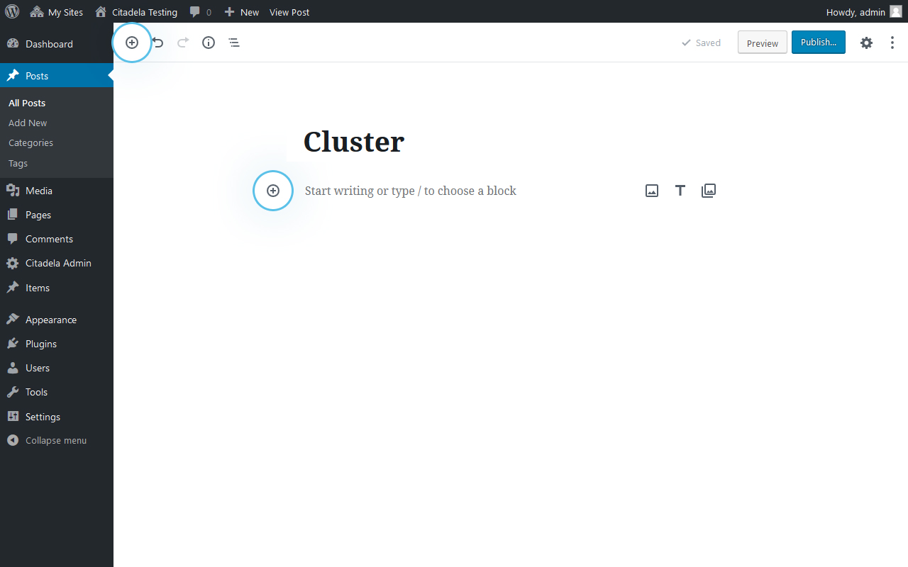 Adicione o bloco Cluster ao editor do WordPress clicando em “+”