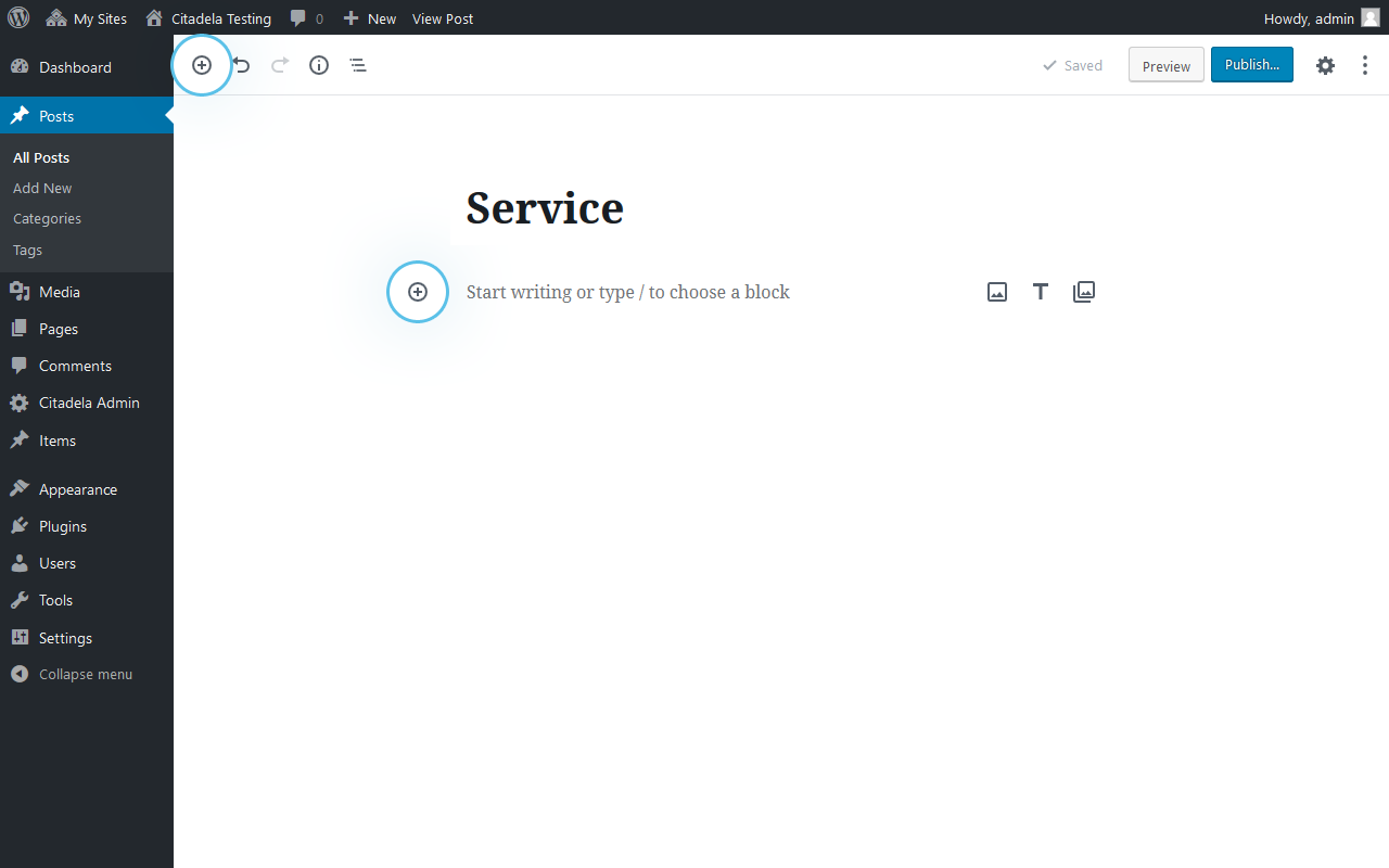 Ajoutez le bloc Service à l'éditeur WordPress en cliquant sur "+"