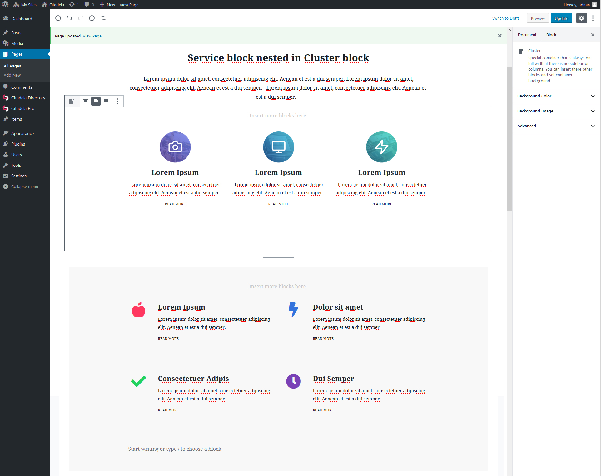 Service block nested in Cluster block