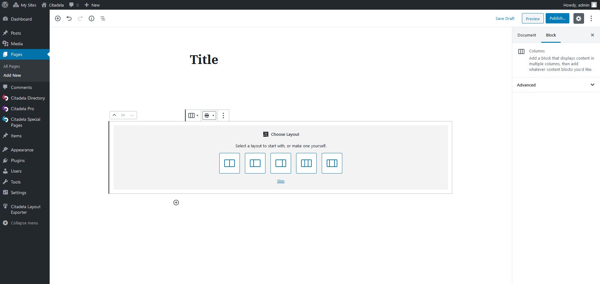 Predefined layouts of Columns block