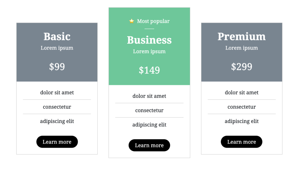 Pricing table made with special WP block