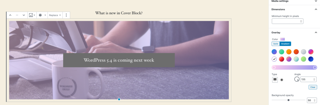 Cover block gradient background WordPress 5.4