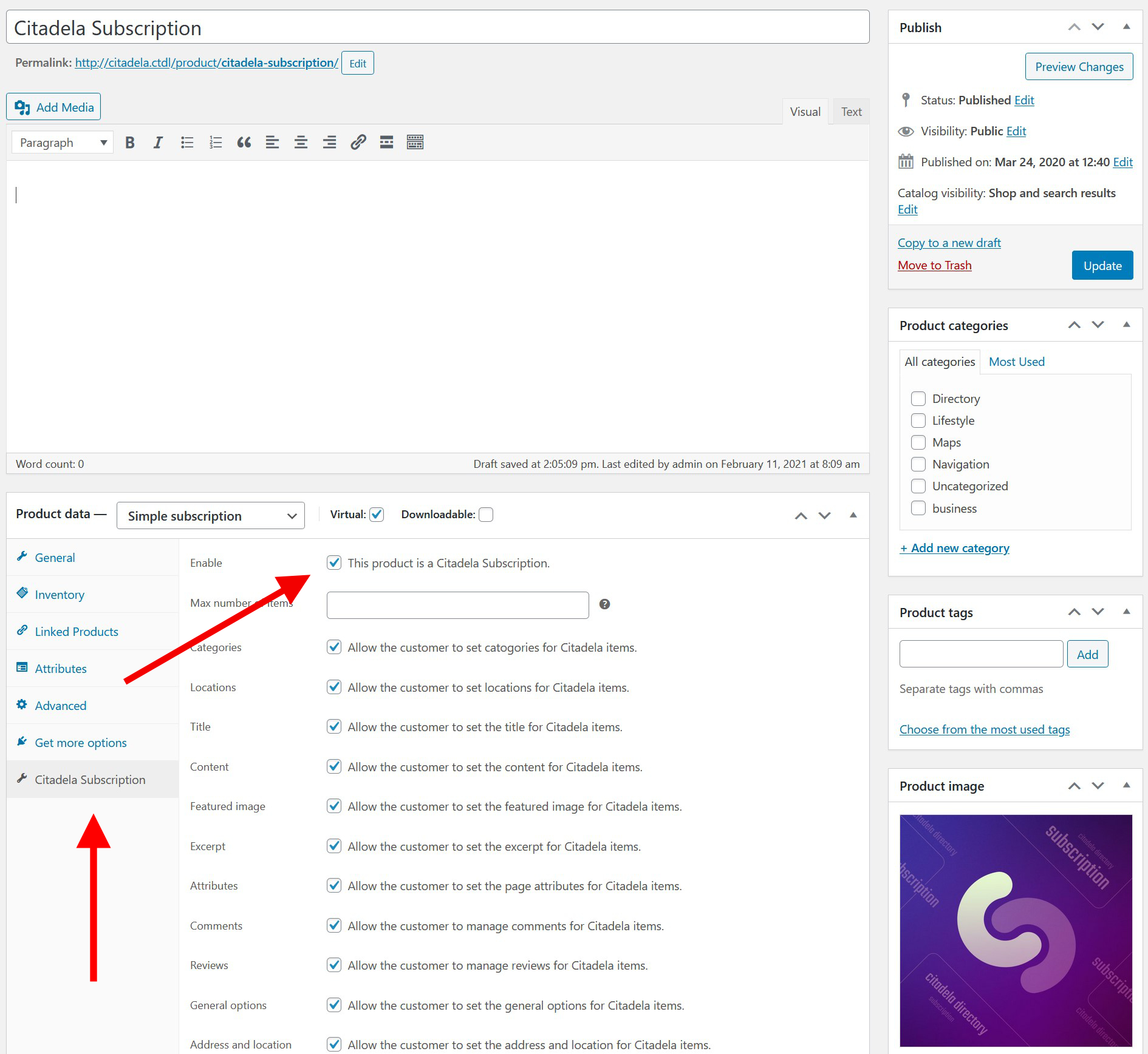 Configuración de suscripciones Citadela