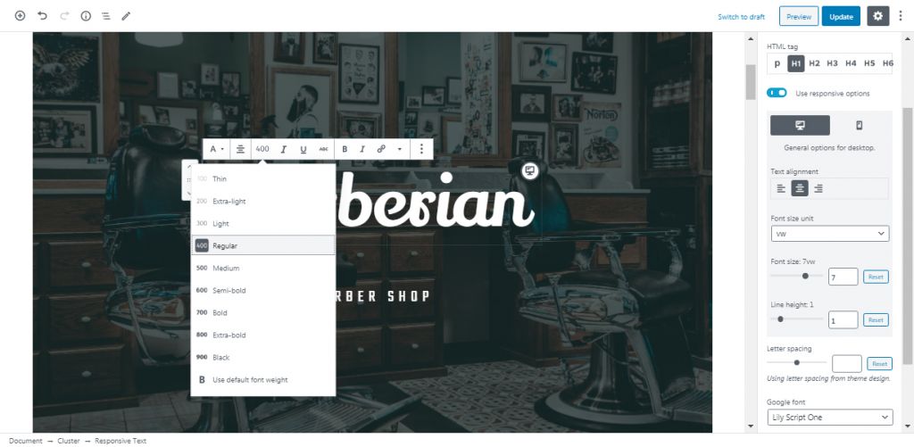 Tetapan pentadbir blok Teks Responsif