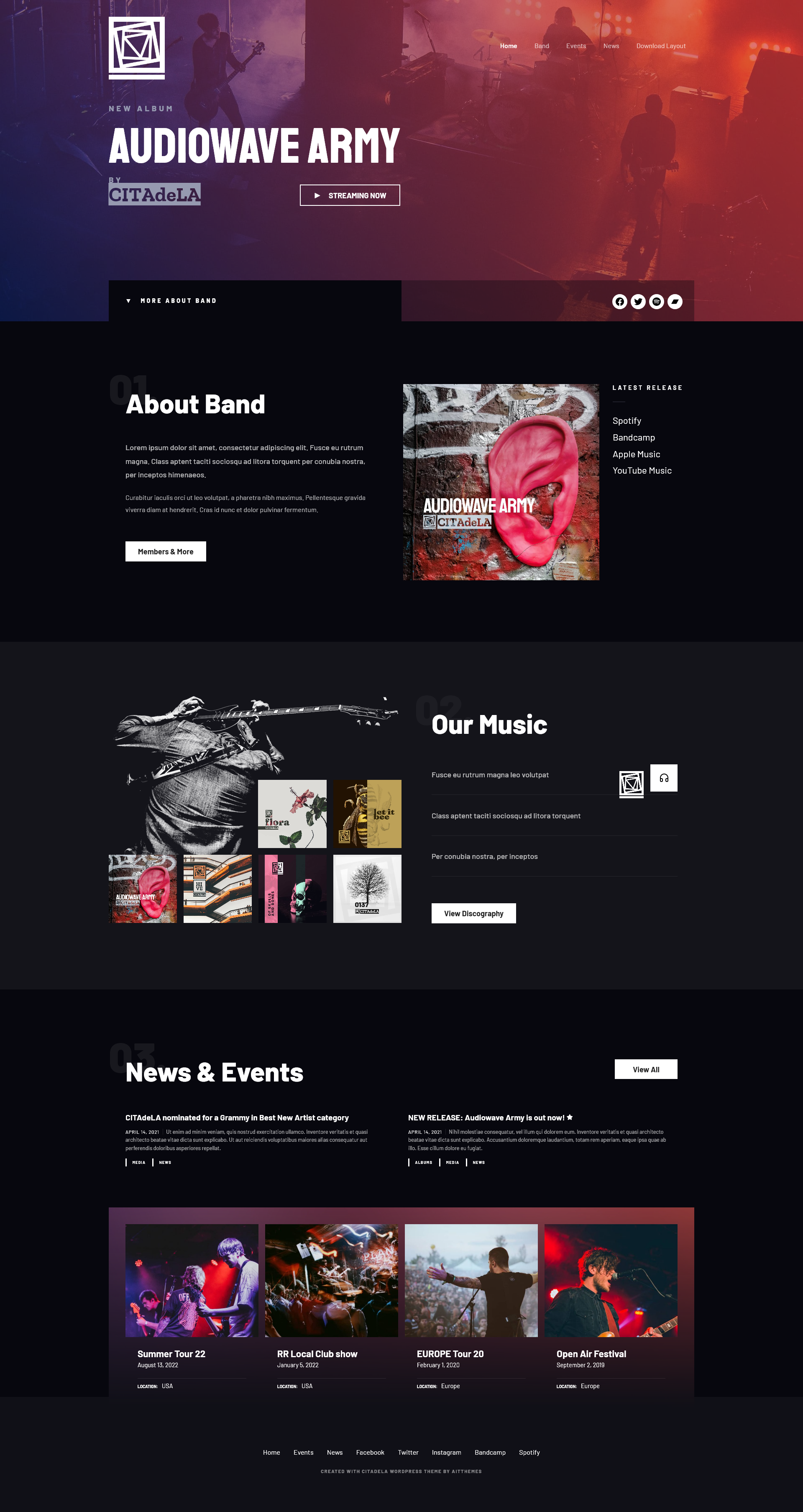 Tema WordPress per musicisti - Homepage