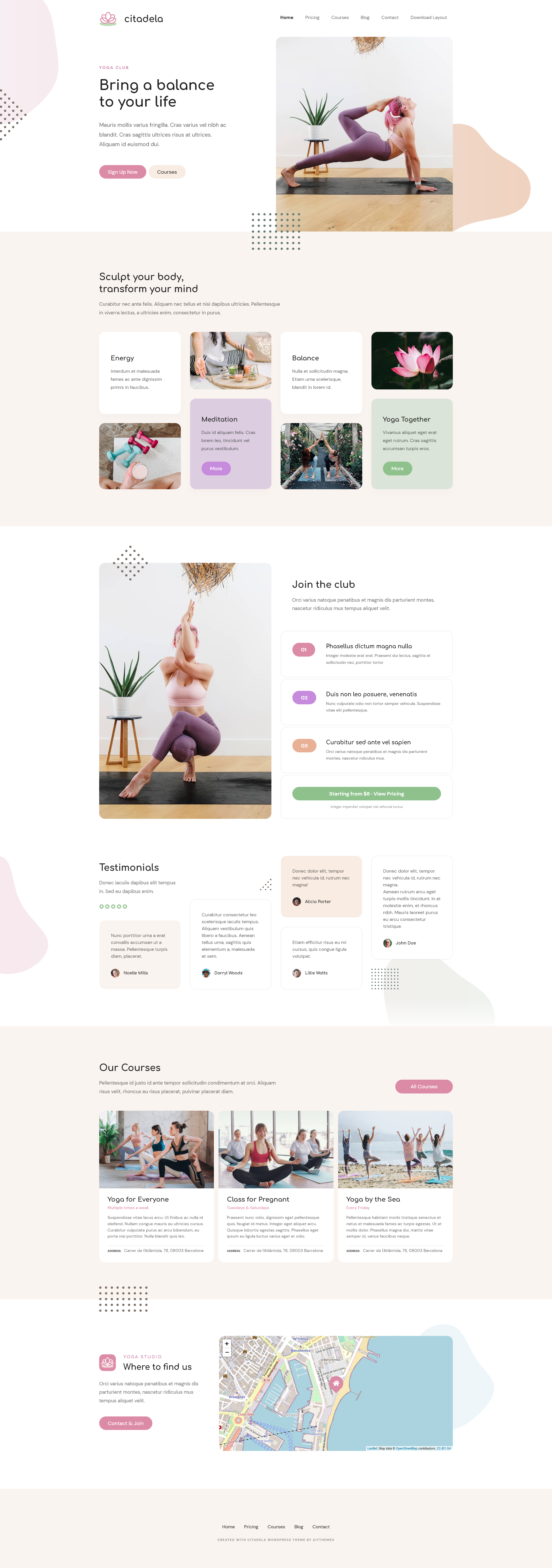 Yoga WordPress theme homepage example