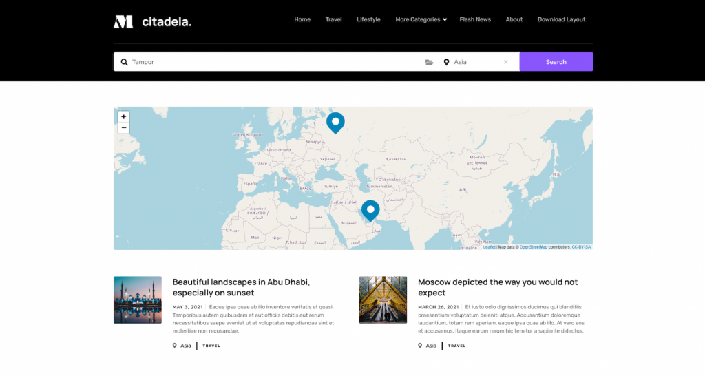 Carian catatan blog mengikut lokasi dan kategori dalam web majalah dalam talian