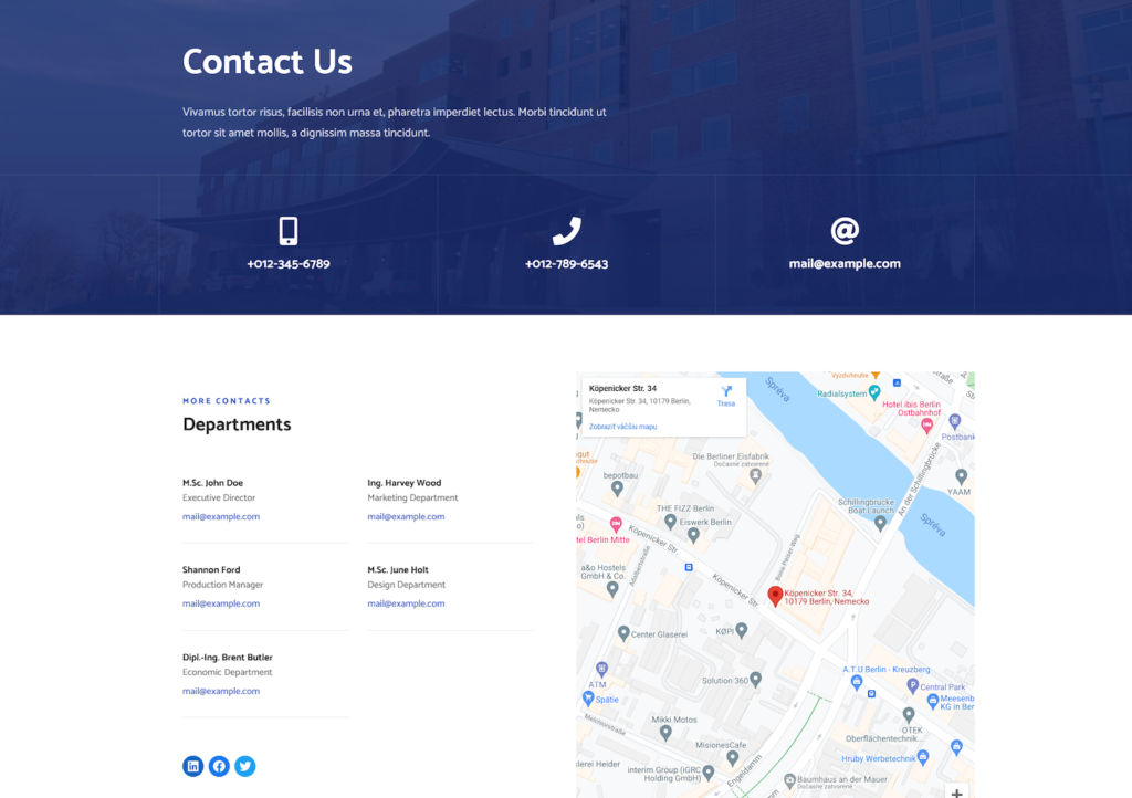Contact page on the electrician wordpress theme built with Citadela