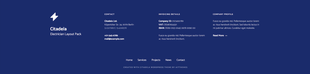 Electrician WordPress theme footer with contact and invoice information