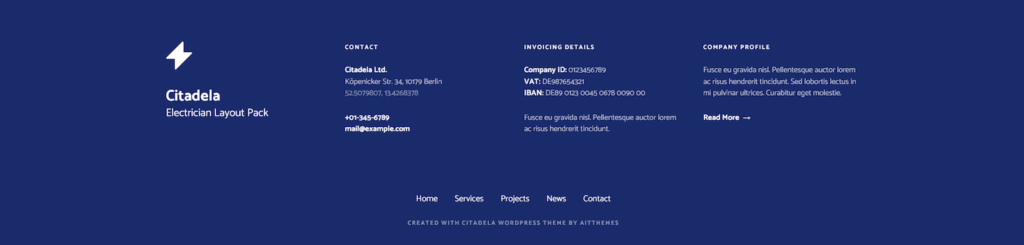 Piè di pagina del tema WordPress per elettricisti con informazioni di contatto e fattura