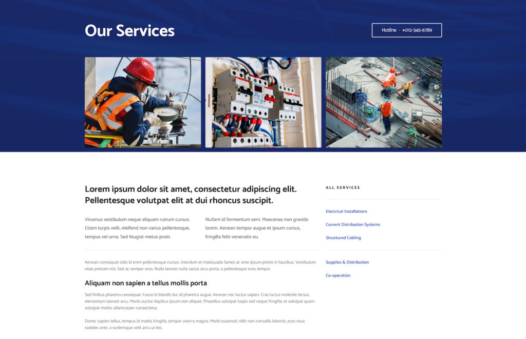 電気技師サービスのウェブページ