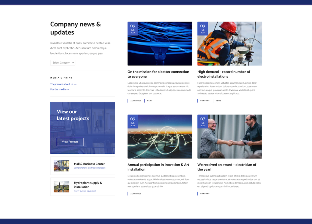 Electrician blog page example in Citadela Electrician wordpress theme layout pack