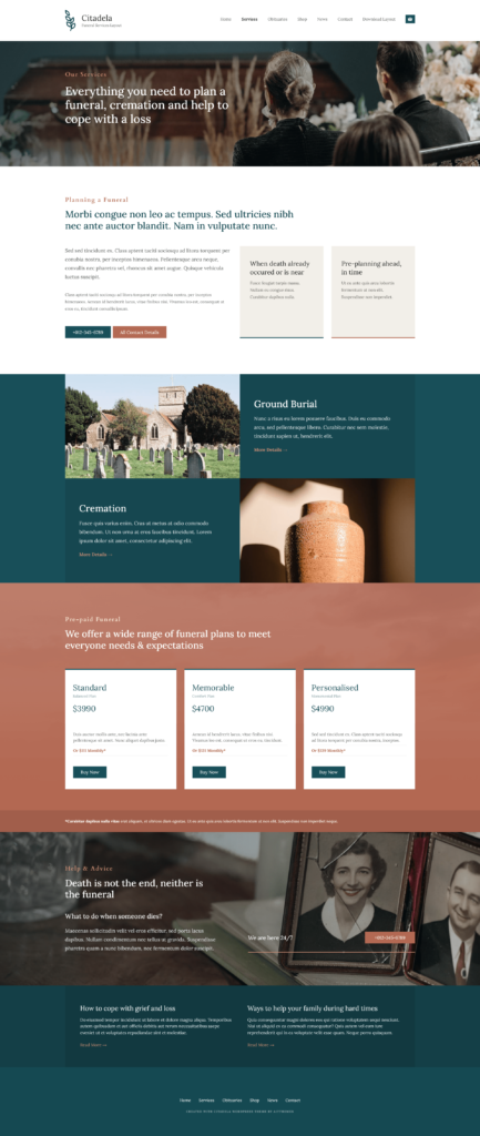 Service page funeral website template 