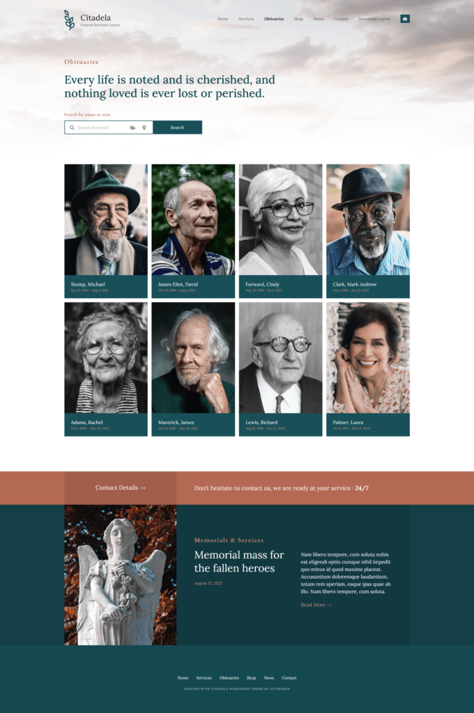 Obituaries list WordPress Funeral Theme