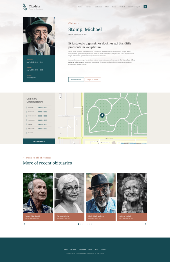 Detail page obituary website template