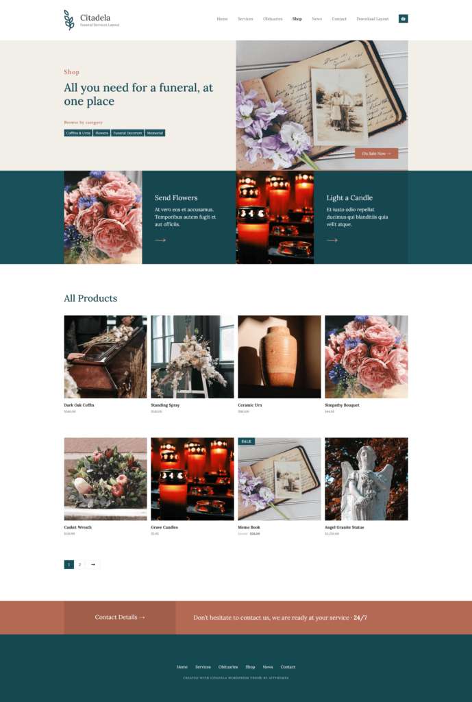 Shop page WordPress funeral theme