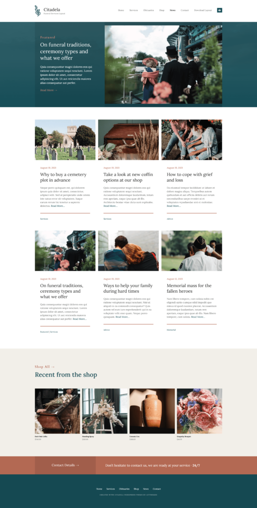 Blog Posts page WordPress funeral theme