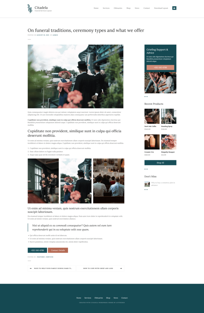 Blog post example of memorial website template