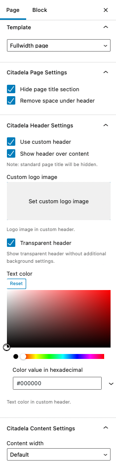 WordPress Page Settings and Citadela Premium Features