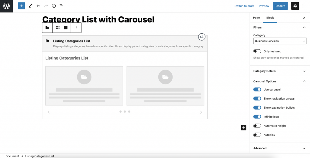 Block for listing categories displays with carousel