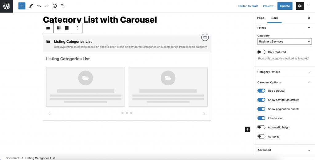 Bloque para mostrar categorías de listado con carrusel