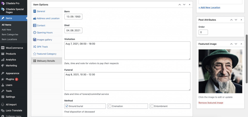 Inserimento dei dati del plug-in di WordPress per necrologi