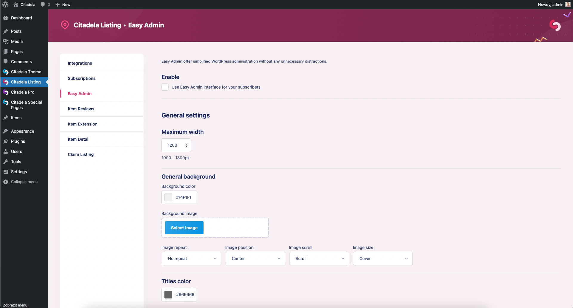 Listing Easy Admin settings - AitThemes