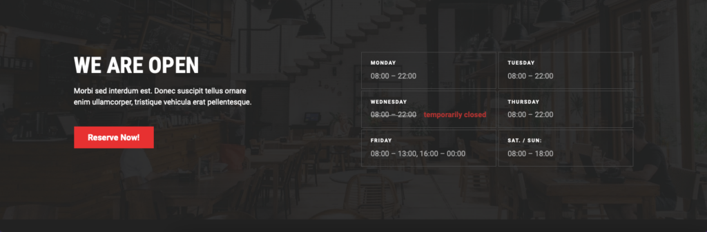 वर्डप्रेस रेस्तरां थीम - खुलने का समय