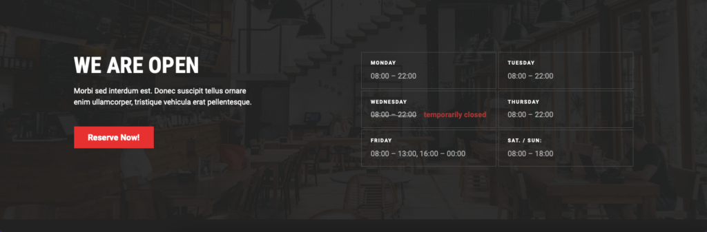 Thème WordPress restaurant - Horaires d'ouverture